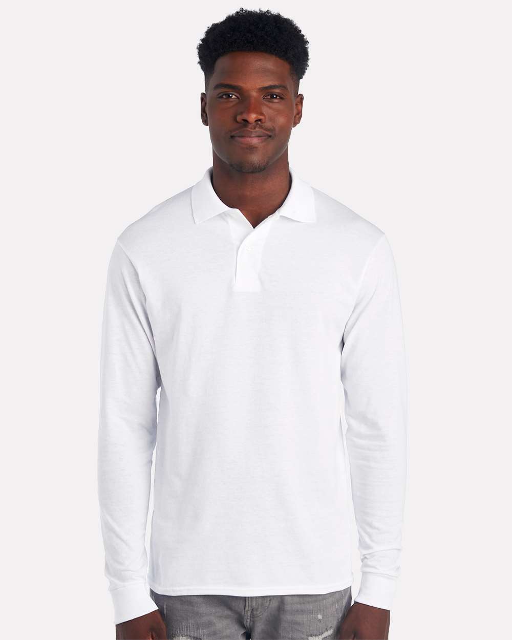 Jerzees Men's SpotShield Stain Resistant Polo Shirts (Short & Long, Long Sleeve-White, Medium