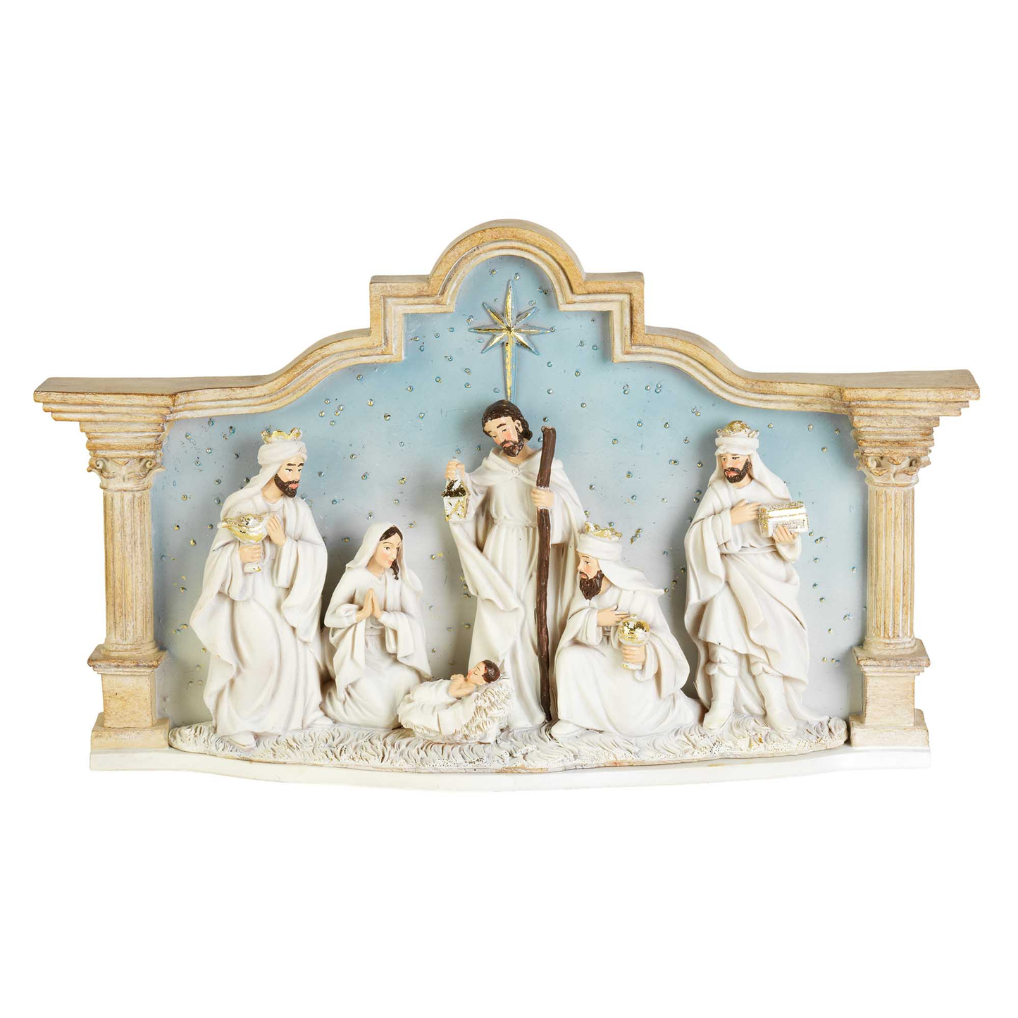 Dicksons Nativity City Scene White and Blue 14.5 Inch Resin Christmas Tabletop Figurine