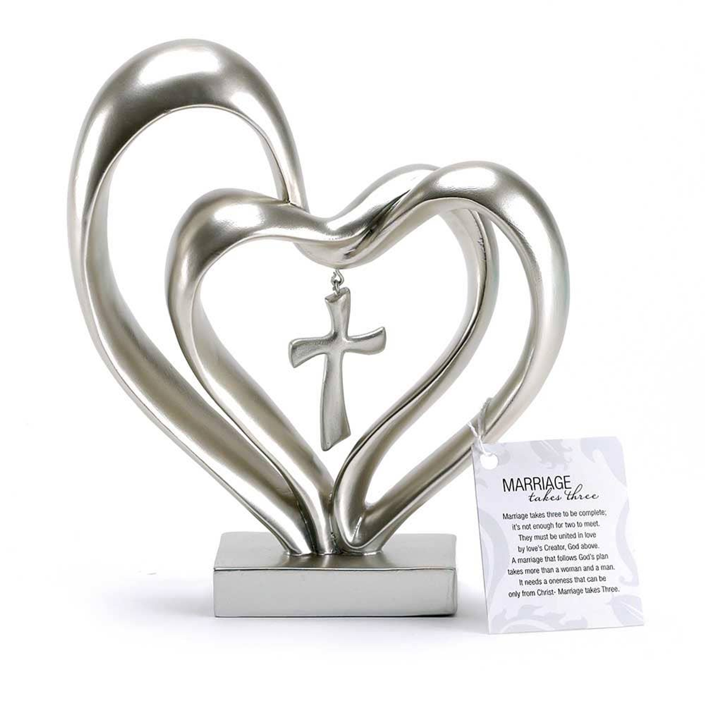 Marriage Takes Three Matte Silver Finish 13X8 inch Cross in Middle of Hearts Tabletopper
