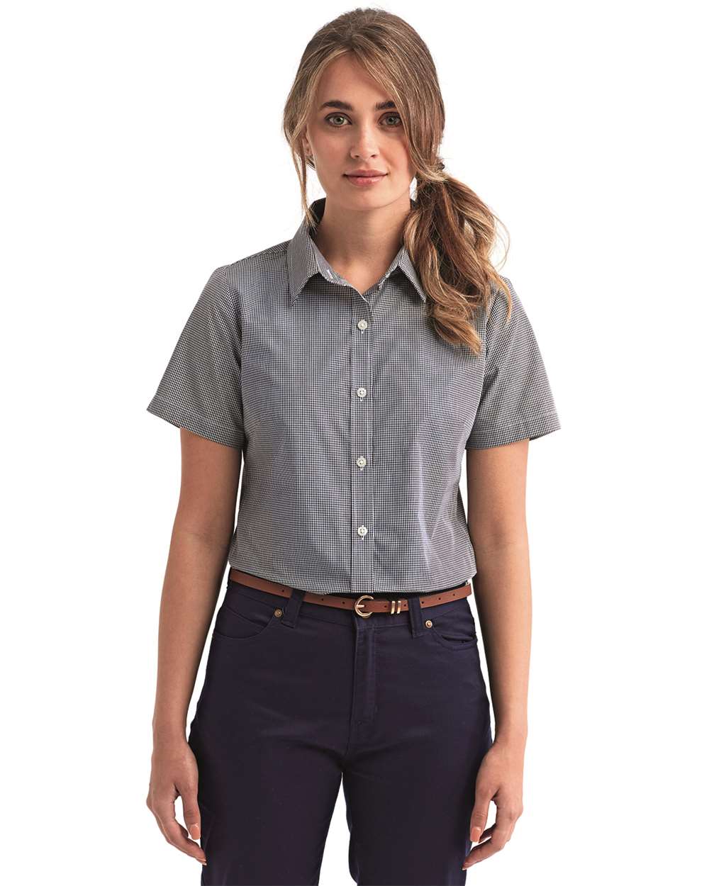 Women's Microcheck Gingham Short Sleeve Cotton Dress Shirt