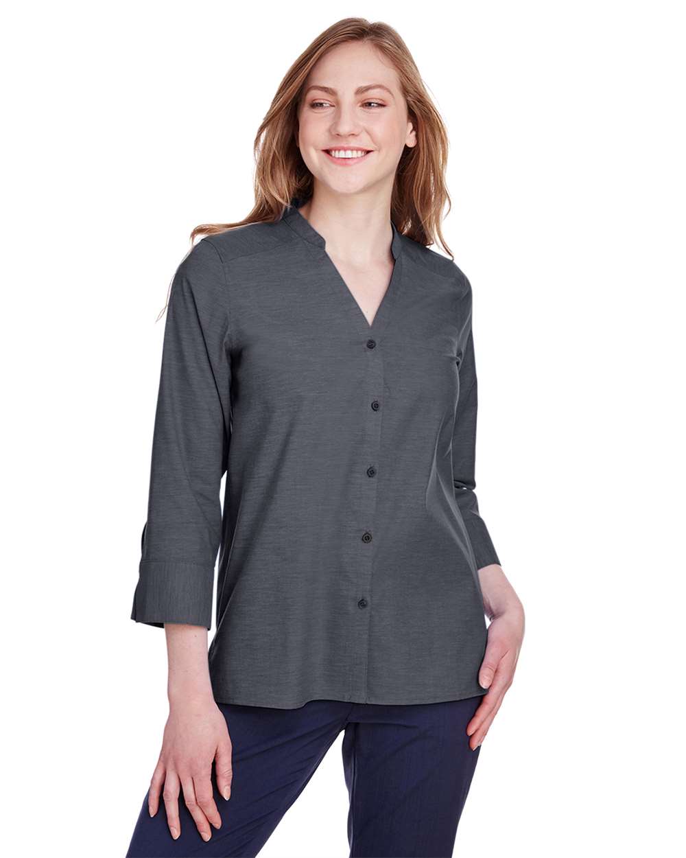 Women's Crown CollectionÃ‚Â® Stretch Pinpoint Chambra Three-Quarter Sleeve Shirt