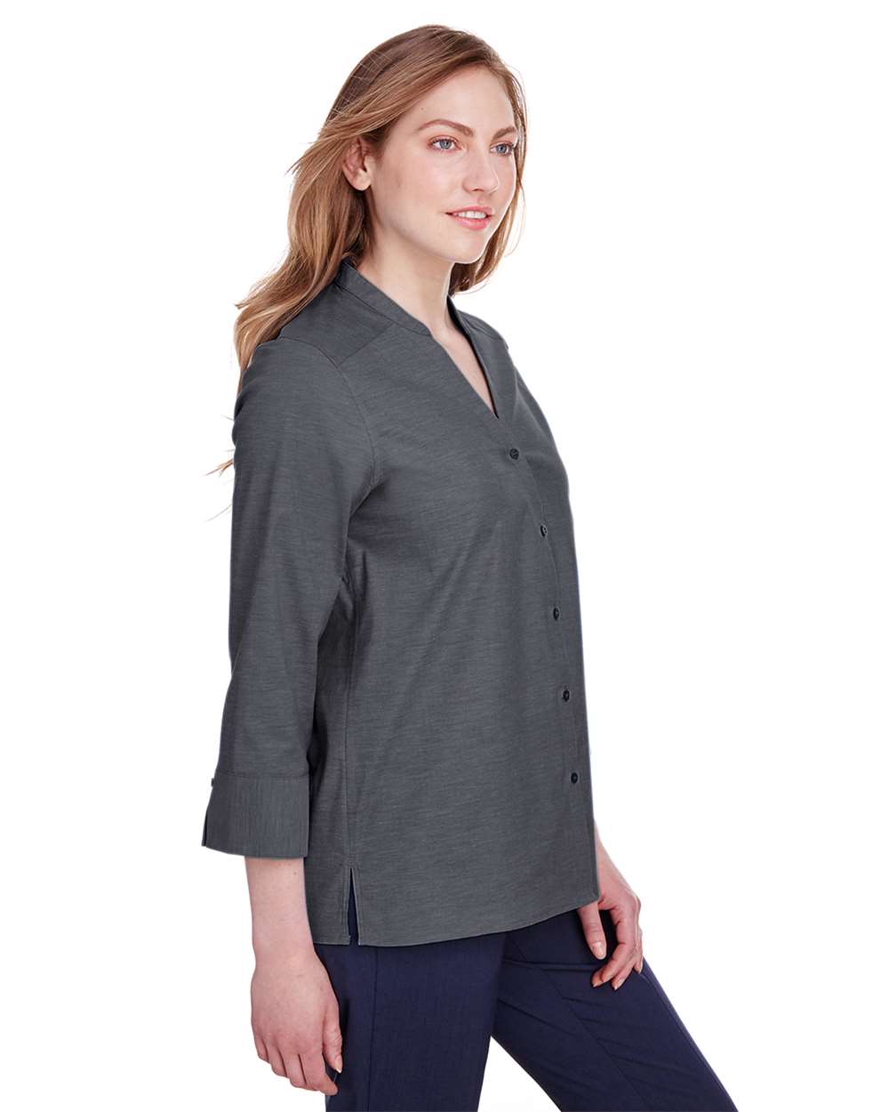 Women's Crown CollectionÃ‚Â® Stretch Pinpoint Chambra Three-Quarter Sleeve Shirt
