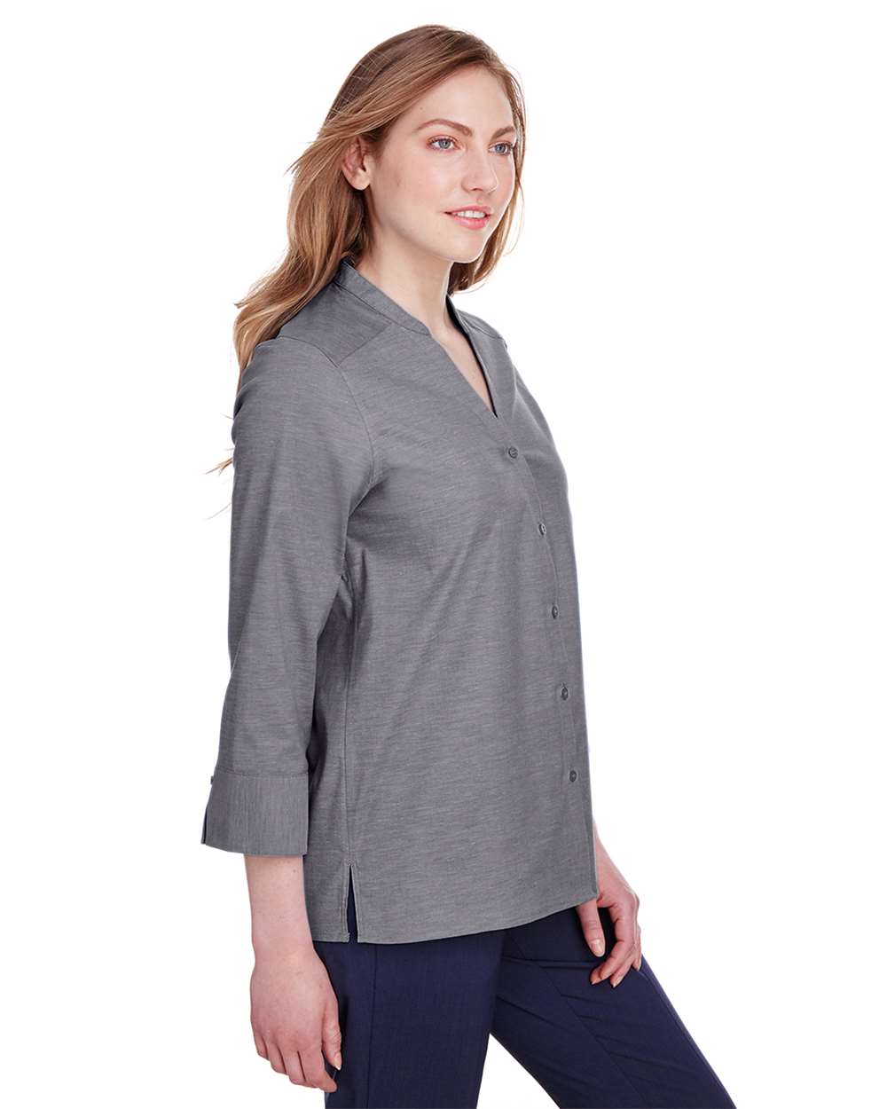 Women's Crown CollectionÃ‚Â® Stretch Pinpoint Chambra Three-Quarter Sleeve Shirt