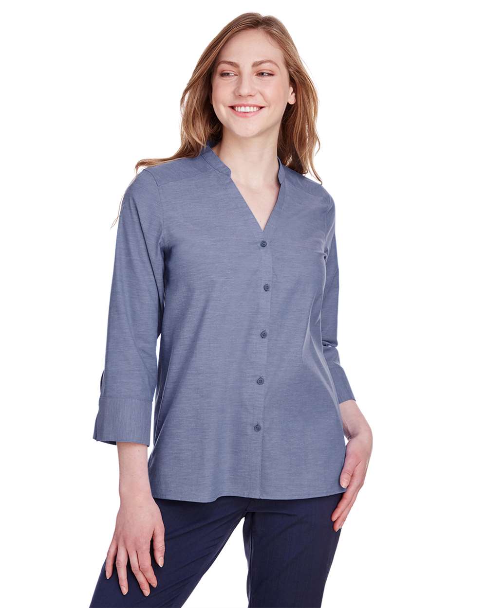 Women's Crown CollectionÃ‚Â® Stretch Pinpoint Chambra Three-Quarter Sleeve Shirt
