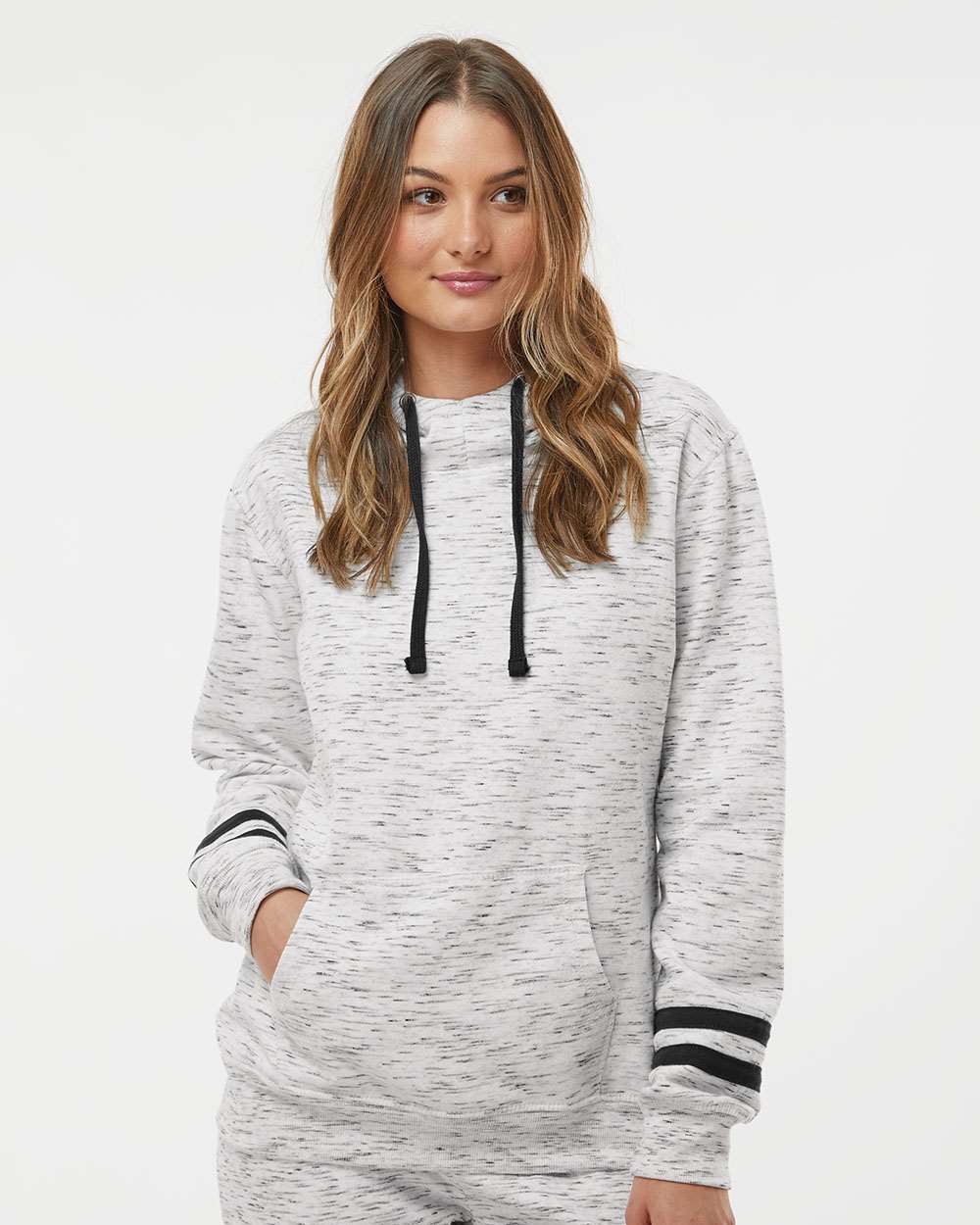 WomenÃ‚â€™s MÃƒÂ©lange Fleece Striped-Sleeve Hooded Sweatshirt